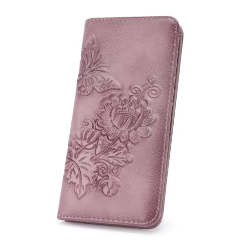 Image of Wallet Women Ultra Slim Thin Rfid 3D Embossed Vegan Leather Womens Wallet Clutch Long Ladies Wallet (03-Purple)