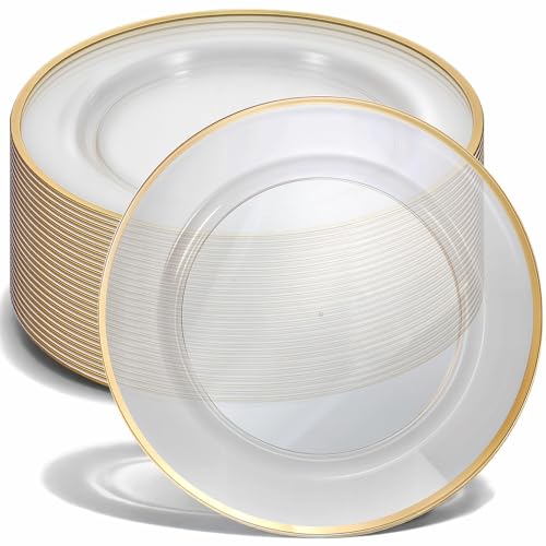 25Pack Disposable Gold Charger Plates 12inch Clear Chargers with Gold Trim