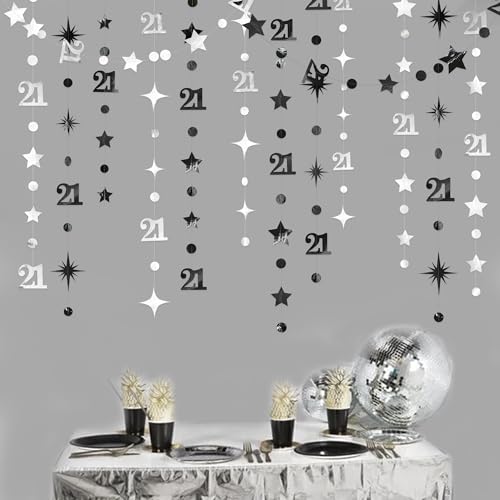 Decoración de cumpleaños 21 negro y plata, guirnalda de lunares y fondo metálico de photocall 4