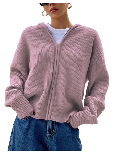 Image of SOLY HUX Zip Up Cardigan for Women Hooded Cardigan Sweater Knitted Drop Shoulder Fall Clothes Winter Hoodies Outerwear