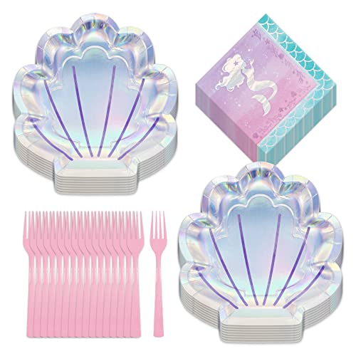 Mermaid Shine Party Supplies Metallic Clam Shell Shaped Paper Dinner Plates Lunch Napkins and Forks Serves 16