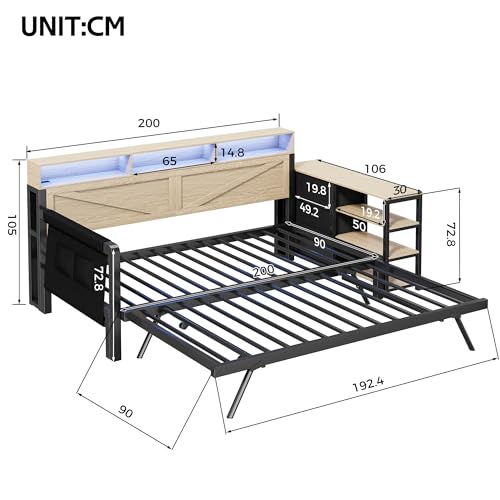 LinoraFurn Sofá cama de metal de 90 x 200 cm con cama nido ajustable, armario de almacenamiento, 3 cajones, compartimentos de almacenamiento, iluminación LED y puerto USB, color negro. - imagen 2