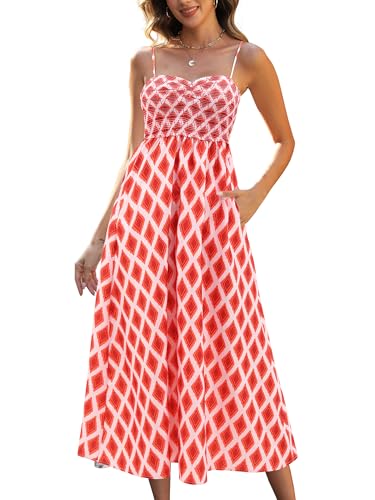 Image of Gardenwed Women's Floral Print Maxi Dress,Spaghetti Strap Smocked Bodice A-Line Sundress with Pockets
