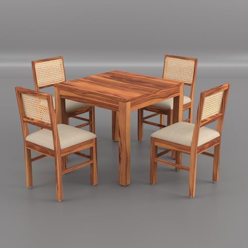 Image of Solid Wood Cane 4 Seater Dining Table Set | Four Seater Dining Table with 4 Cushions Chairs for Dining Room | 4 Seater Dining Set for Hotel Restaurant | Sheesham, E-Honey