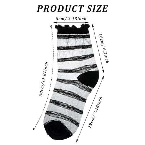 Image of Ouligay 6 Pairs Sheer Ankle Socks Women, Transparent Fishnet Socks, Sheer Ruffle Socks, Cute Frilly Mesh Socks Women, Breathable Spring Summer Short Socks (Hearts, Stripes, Plaid) Black & White