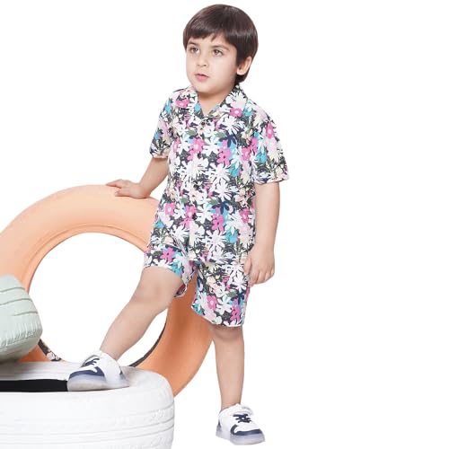 Image of AJ DEZINES Kids Cotton Shirt Shorts Half Sleeves Floral Printed CO-ORDS Set for Boys