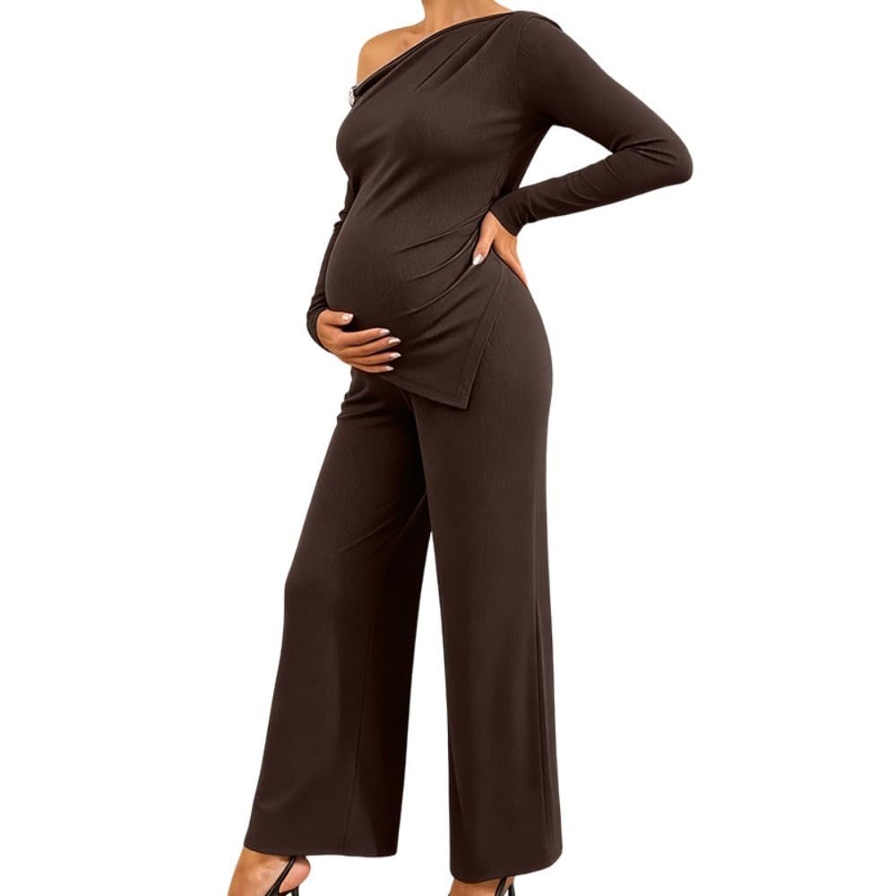 Ensemble deux pièces plissé asymétrique fluide en maille marron café confortable