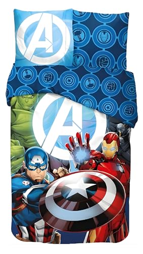 Parure de Lit Avengers Marvel pour Enfant, Housse de Couette Réversible 140x200 cm, Taie d'oreiller 63x63 cm, 100% Coton (Parure de lit Avengers)