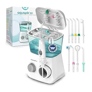 Aquapik® 100 Professionele Water Flosser | Verwijdert Tandplak + Aanbevolen door Tandartsen + Zorgt voor Implantaten en Orthodontie | Monddouche met 8 Opzetstukken + 10 Drukniveaus + 600 ml Capaciteit