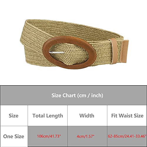 Women Woven Wide Stretch Belts, Straw Rattan Oval Wooden Buckle Elastic Waist Belt Waistband4