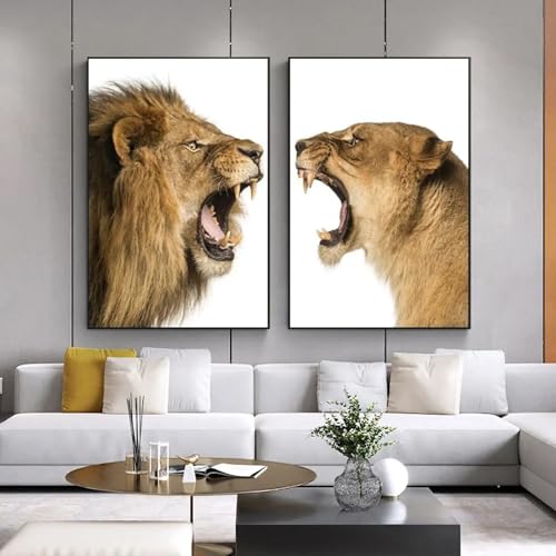 Tableau sur toile lions africains de qualité premium, œuvre d'art murale avec cadre x2