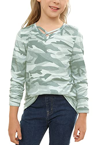 Image of Girls Camouflage Stripe Short Sleeve Shirts V Neck Criss Cross Tees Sweat Kids Casual Sport Tops Blouse(4-15T)