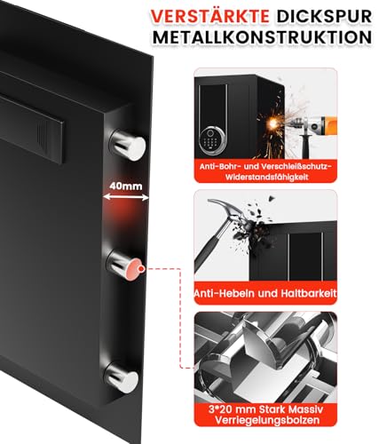 Fingerabdruck Tresor für Zuhause mit Feuerfester Tasche, Safe Tresor Fingerabdruck mit Abnehmbares Regal und Dualer Alarmmodus, Digitaler Möbeltresor für Geld Medikamente Dokumente(67L)