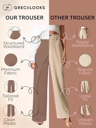 Image of GRECIILOOKS Trousers for Woman | Womens High Rise High Waist Flared Korean Style | Formal Pant for Women Office Wear| Track Pants for Womans Elegant for College & Events (Available in Plus Size)