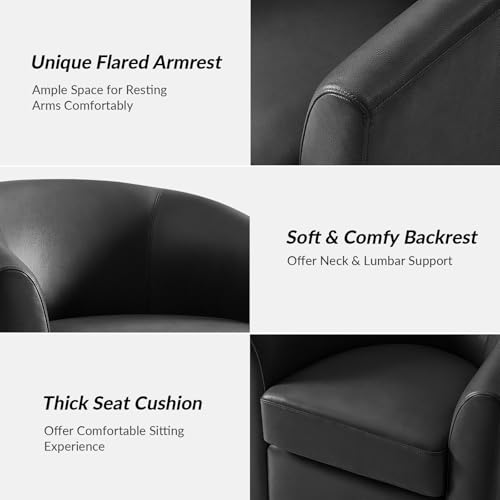 Image of HULALA HOME Genuine Leather Swivel Barrel Chair, Round Swivel Accent Chair with Solid Wood Base, No Assembly Required, Black