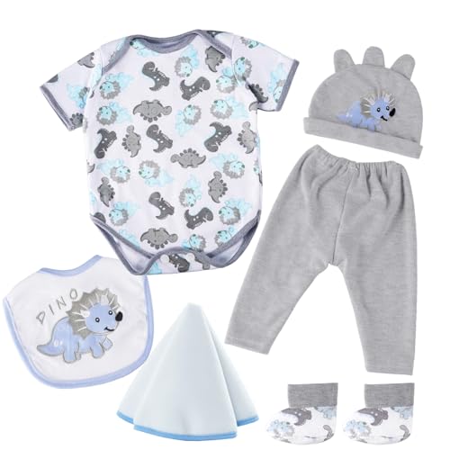 BABESIDE 6 Pcs Reborn Baby Doll Clothes for 17-22 Inch Babydolls Dinosaurs Pattern Lifelike Reborn Baby Doll Accessories with Hat Bib and Socks for Realistic Baby Dolls Boy & Girl