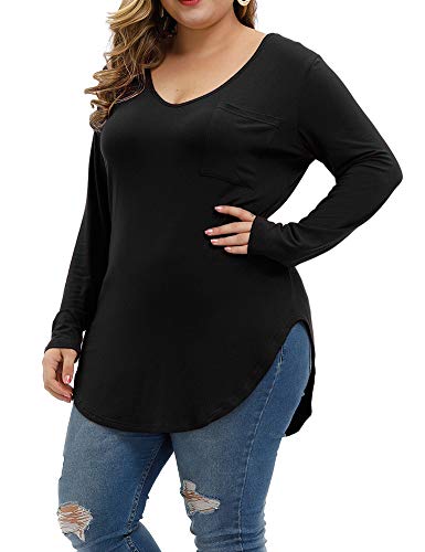 Allegrace Women's Plus Size Tops Long Sleeve Casual Scoop Collar Pocket T Shirts Black 4X