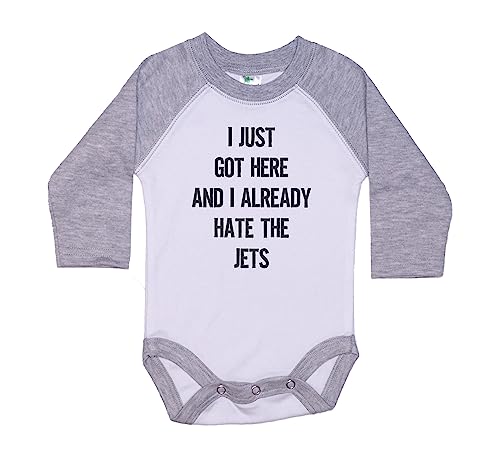 Image of Ebenezer Fire I Just Got Here And I Already Hate The Jets/Patriots Onesie/Dolphins Baby Outfit/Bills Bodysuit (GREY RAGLAN, 3-6M)