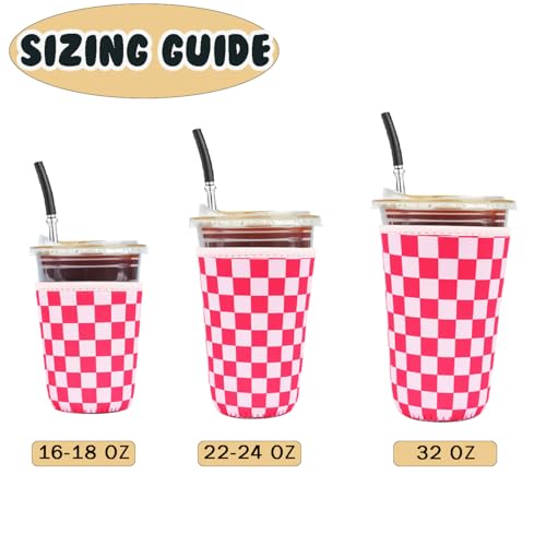 Image of Reusable Insulated Neoprene Iced Coffee Cup Sleeve, Durable Drink Sleeve for Cold Beverages, Beverage Holder for Iced Coffee (Pink Grid)