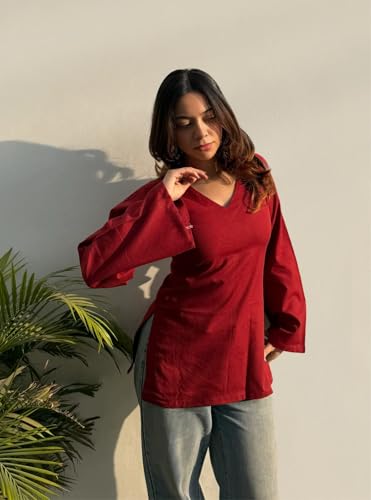 Image of ANNI Designer Short Kurti for Women Solid Design | V Neck Full Sleeve Kurti Tops for Women | Stylish Kurtis & Short Kurtis for Woman | Casual Kurti with Jeans | Kurtas for Woman