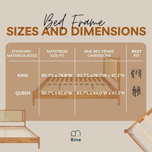 Image of Bme Oliver King Bed Frame and Headboard - 15-Inch Signature Design with Rattan Headboard, Bohemian and Mid Century Style, 12-Slat Wood Support, No Box Spring Needed - Easy Assembly, Caramel