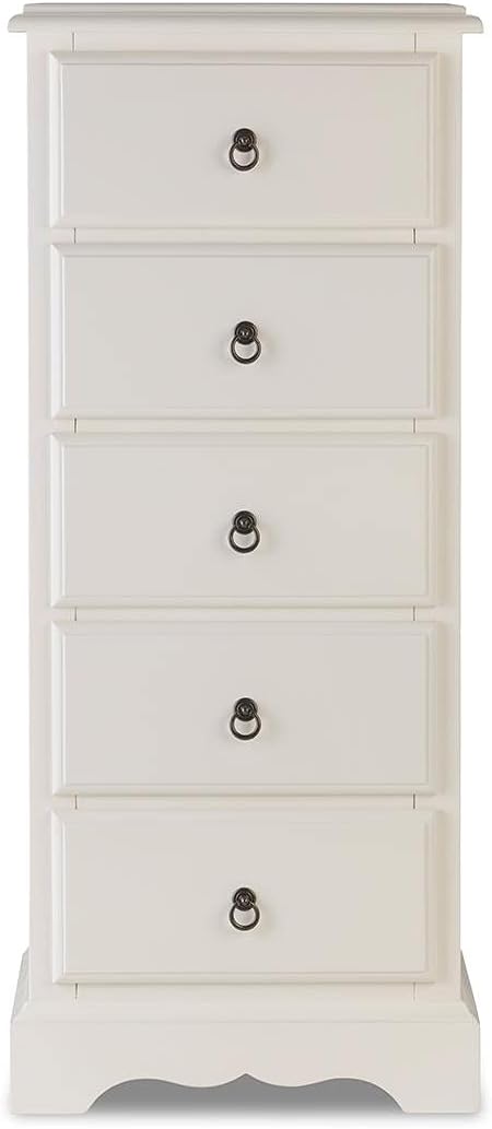 Romance 5 Drawer Tallboy, Antique White Narrow Chest of drawers, FULLY ASSEMBLED