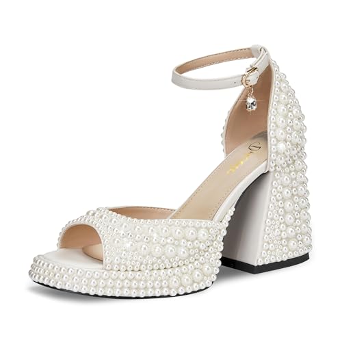 Women's open-toe pearl high-heeled sandals Chunky Buckle Ankle Strap Wedding Heeled Sandals Dress Evening Bride Shoes