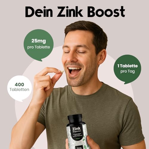 Zink Tabletten hochdosiert 25mg - 400 Tabletten hochdosiert mit Zink-Bisglycinat - Vegan und produziert in Deutschland - Laborgeprüft - Verpackung kann variieren