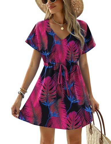 Image of Ekouaer Womens Swimsuit Coverup Short Sleeve Beach Cover Up Dress V Neck Bikini Beachwear