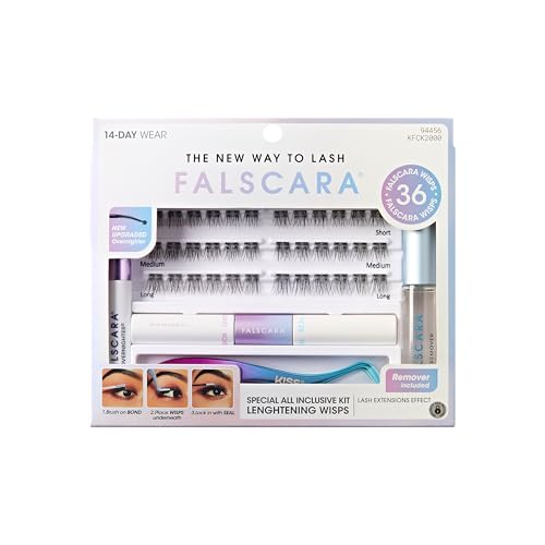 FALSCARA False Eyelash Clusters Special All Inclusive Starter Kit, Bond & Seal, Precision Applicator, Overnighter & Remover, 36 Lengthening 10mm-14mm Sporty Rounded Natural Volume Lash Extension Wisps