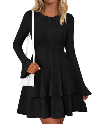 PRETTYGARDEN Womens Fall Fashion 2025 Long Bell Sleeve Mini Sweater Dress Casual Crewneck A Line Knit Short Cocktail Dresses2