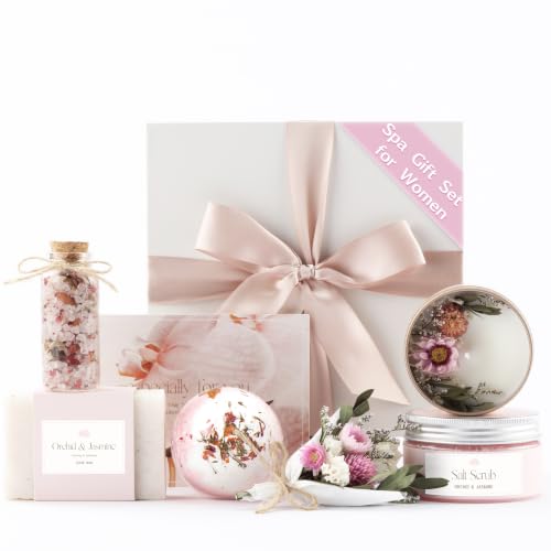 Birthday Gifts for Women – Orchid & Jasmine Spa Gift Basket, Luxury Candle Set & Bath Sets Self Care Box, Gift for Mom, Wife or Friend