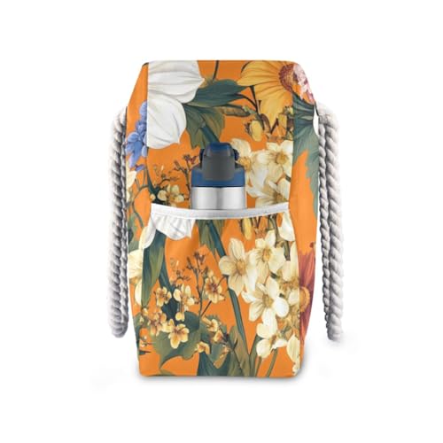 Autumn Flowers Sunflower Orange Large Capacity Big Tote Bags with side pocketes Weekender Overnight Bag for Pool Gym Grocery Travel3