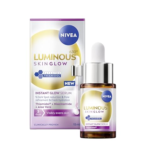 NIVEA Luminous 630 Even Glow Sérum au thiamidol 15 ml, sérum pour le visage à la niacinamide et à l'aloe vera, affine les pores et hydrate pour une peau claire et éclatante