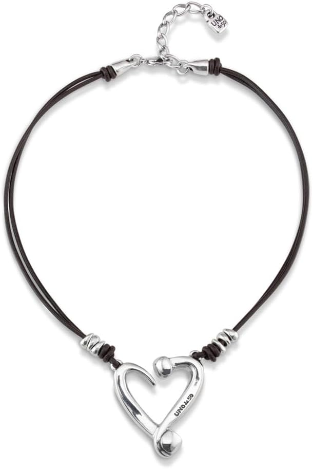 Uno de 50 Women's Heart Necklace, Sterling Silver-Plated, Leather Cord, 18" Adjustable to 20"