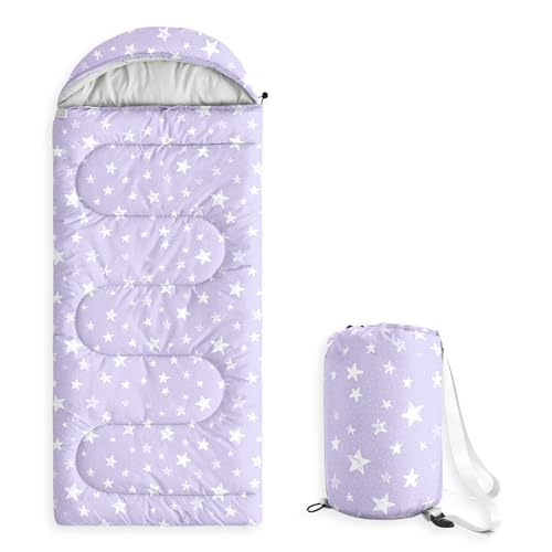 Wake In Cloud - Star Kids Sleeping Bag for Boys Girls Toddlers, Camping in Warm Cold Weather, Backpacking Lightweight Compact Outdoor Liner for 3 Seasons Summer Spring Fall, Light Purple