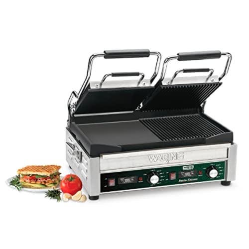 Waring Commercial WDG300T Dual Grooved Top and Flat Bottom Panini Grill with Timer, 240-volt