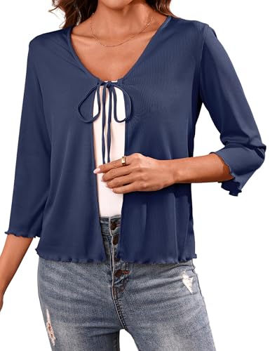 Image of Aiboria Women's Tie Front Shrug 3 /4 Sleeve Ribbed Bolero Lightweight Cropped Cardigan S-XXL