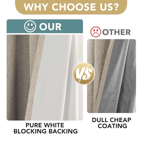 Image of H.VERSAILTEX Linen Curtains 100% Blackout Curtains for Bedroom 90 inch Long Full Light Blocking Nature Linen Blended Window Curtains for Living Room Nickel Grommet (2 Panels, Cobblestone)