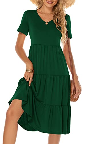 Image of Berydress Women's Casual Summer Tiered Midi Dress 2026 V Neck Boho Sundress | Short Sleeve Dresses for Women, Loose Ruffle Babydoll Style, Cotton Blend Fabric, for Church, Going Out, Beach Vacation