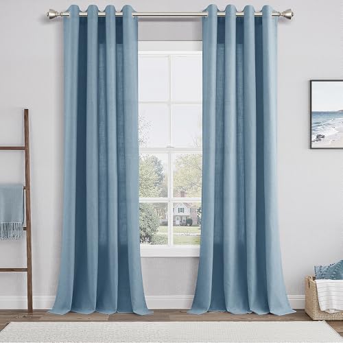 Image of Dusty Blue Linen Curtains 84 Inch Length for Living Room Bedroom 2 Panels Set Grommet Faux Linen Semi Sheer Light Filtering Drapes Dirty Blue Aesthetic Farmhouse Rustic Window Curtain Decor 52X84
