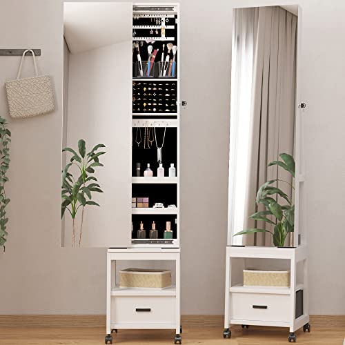 Alkmaar 360° Swivel Jewelry Armoire With Full Length Mirror, Large Capacity Jewelry Organizer Armoire, Floor Standing Lockable Jewelry Armoire, Rear Storage Shelf, White, Side Opening #TOP18