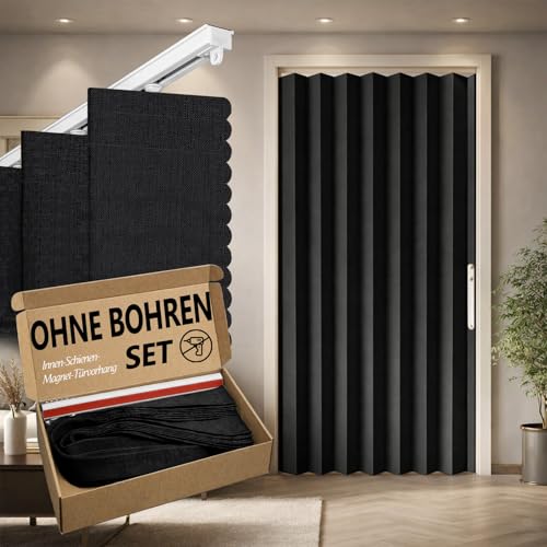 Jilron 100% Blickdichter Türvorhang – Faltbarer Akordion-Stil mit Magnetverschluss, Klebemontage ohne Bohren, inkl. Klebeschiene, Verdunkelung & Windschutz,Schwarz, H201 x B106 cm