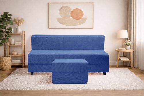 Image of 5X6-Feet Leg Sofa Cum Bed with Ottoman | Jute Fabric 3 Seater Convertible Sofa Bed | Modern Space Saving Furniture for Living Room | Blue