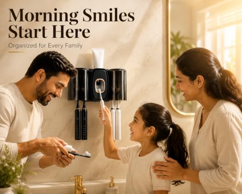 Image of TENOM Tooth Brush Holder Bathroom with Toothpaste Dispenser, Self Adhesive Toothbrush Holders for Bathroom Wall, Dustproof, BPA Free Wall Mounted Bathroom Organizer (Black, 2 Cup)