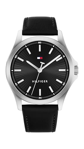 Tommy Hilfiger Uhr mit DREI-Zeiger-Quarzwerk für Herren mit Schwarzes Lederarmband - 1710668