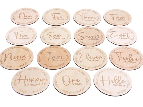 Image of HJKlove Wooden Monthly Milestone Cards, Newborn Memento Milestone to Document Baby's Growth, Pregnancy Journey Sign -incl Announcement & Hello World Sign, 31324