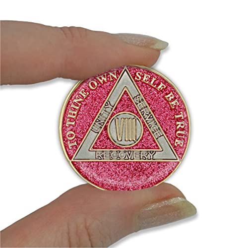 Image of 8 Year Sobriety Coin | Glitter Triplate AA Chip | Recovery Anniversary Token (Pink)