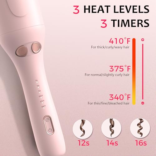 Image of Ufree Automatic Rotating Curling Iron, 1 Inch Ceramic Curling Wand, 1-Click Hair Curler with 3 Heat & Timers, Anti-Scald Design, 1M Ionic Care, Dual Voltage for Travel Beach Waves, Rose Gold