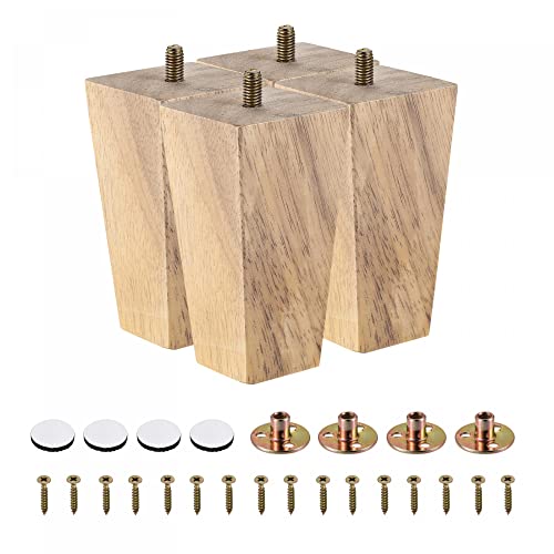 sourcing map Furniture Legs, 4.3 Inch(110mm) Set of 4 Square Solid Wood Couch Legs Chair Table Feet Sofa Support Replacement Parts, with Accessories, Light Brown